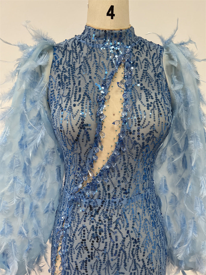 Sequin Light Blue Hollow-Out Feather Embellished Lantern Sleeve High Slit Formal Mini Dress