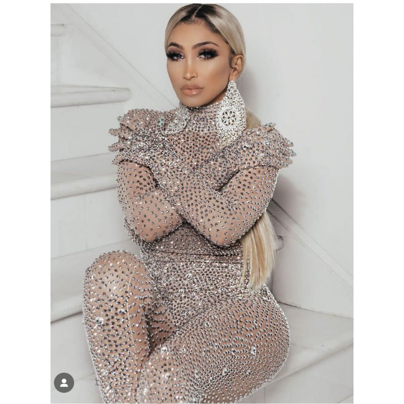 Metallic Silver Rhinestone Women's Stretch Skin Tight Stage Performance Jumpsuit