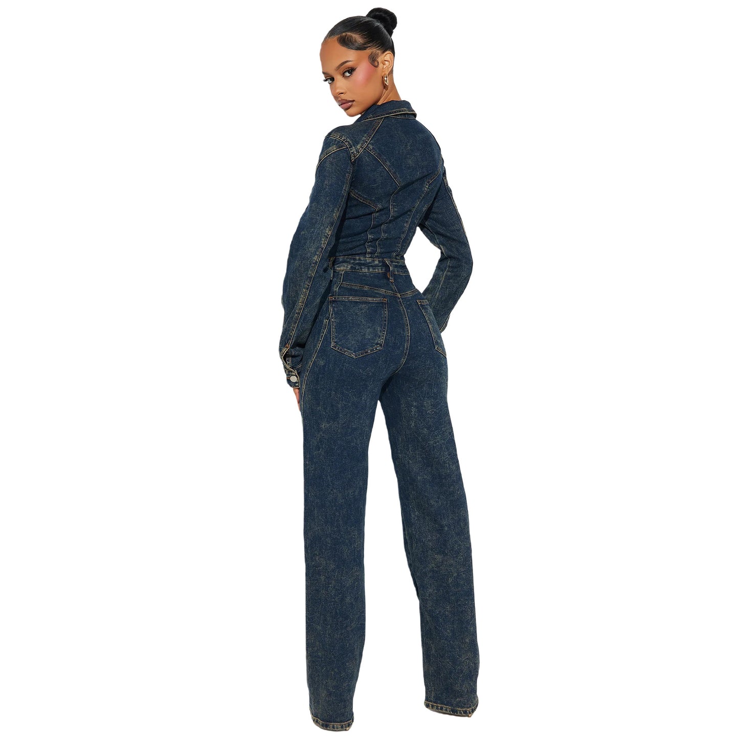 Denim Dark Blue Washed Long Sleeve Patchwork Turn-Down Collar Women's Jeans Jumpsuit