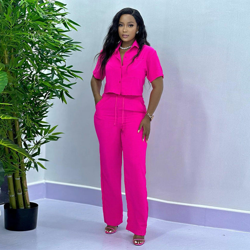 Turn-Down Collar Women's Solid Color Short Sleeve Shirt + Pants Two-Piece Set