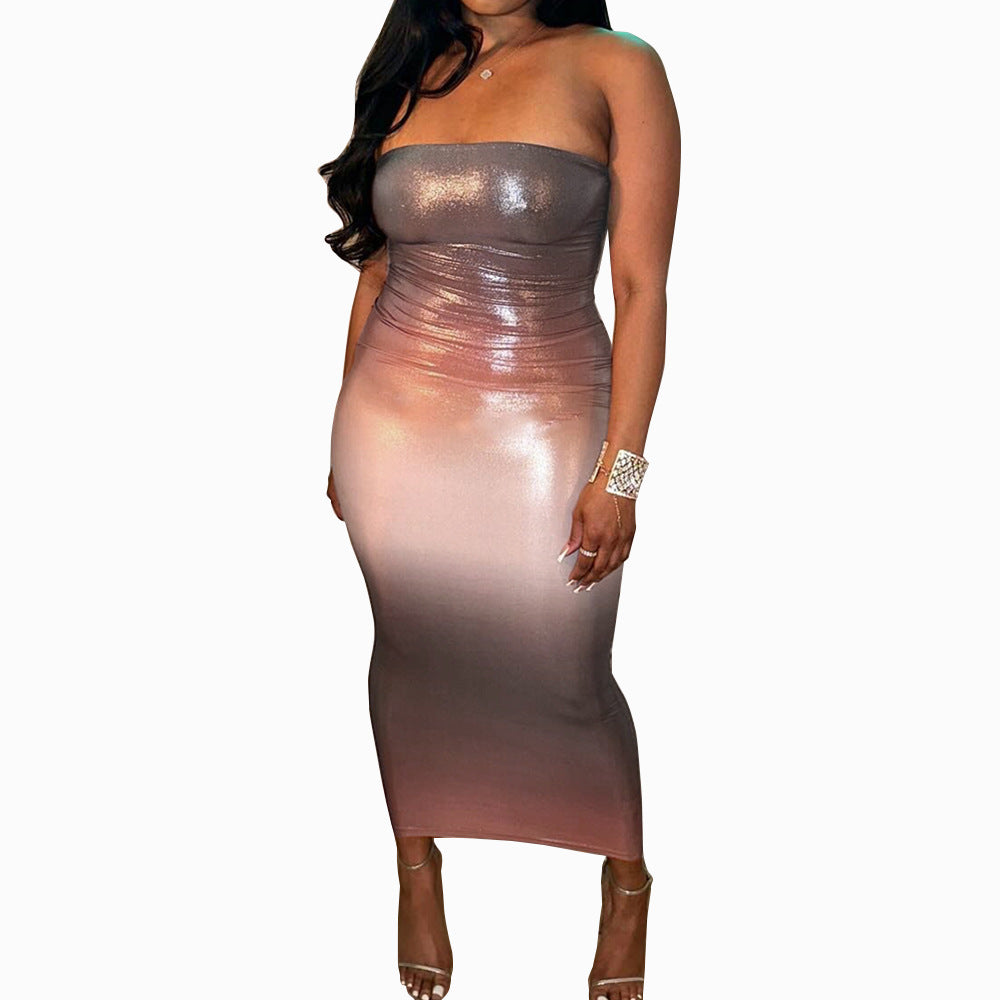 Gradient Colorblock Backless Multi-Colored Sleeveless Tube Maxi Club Dress