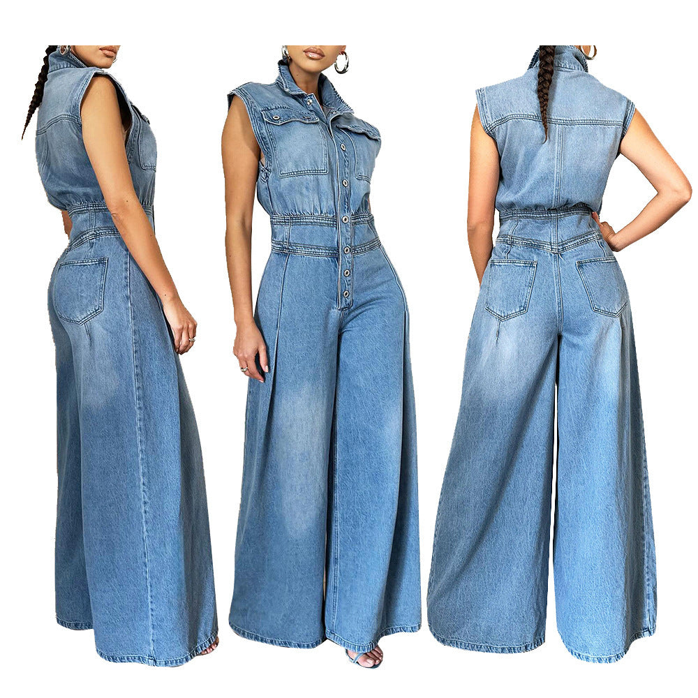 Denim Blue Washed Sleeveless Turn-Down Collar Wide Leg Women's Jeans Jumpsuit