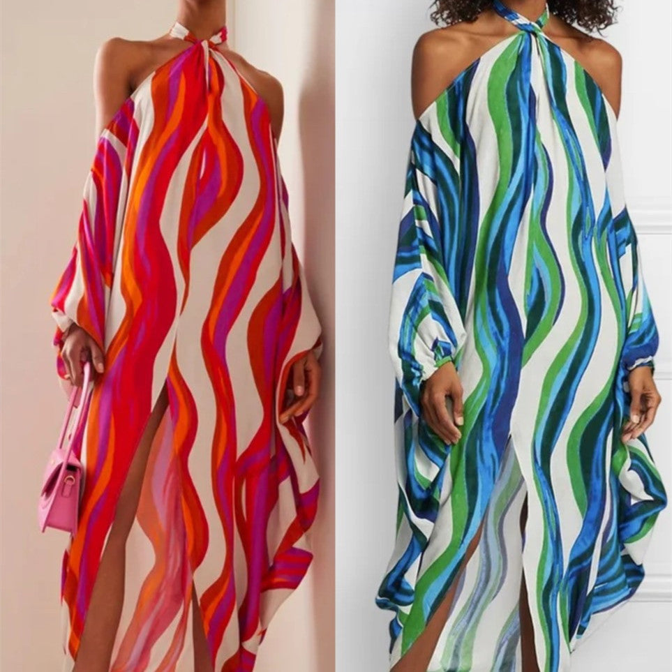Open Shoulder Rainbow Striped Long Sleeve Loose Maxi Dress