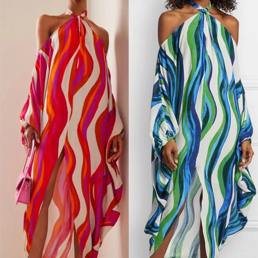 Open Shoulder Rainbow Striped Long Sleeve Loose Maxi Dress