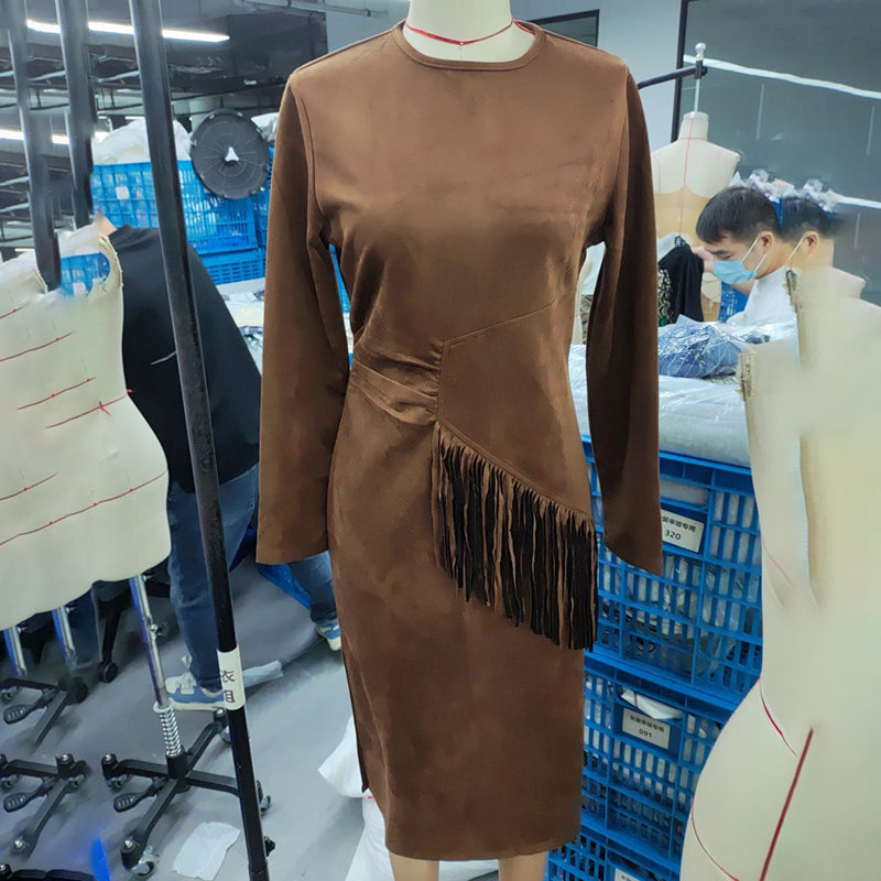 Women's Vintage Western Suede-Look Maxi Dress Boho Fringe & Waist Ruffle Detail Bodycon Gown
