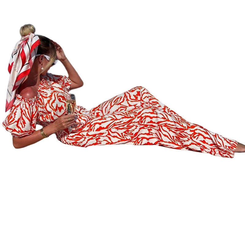 Off-the-Shoulder Abstract Print Crop Top + Elastic Waist Women's 2-Piece Set