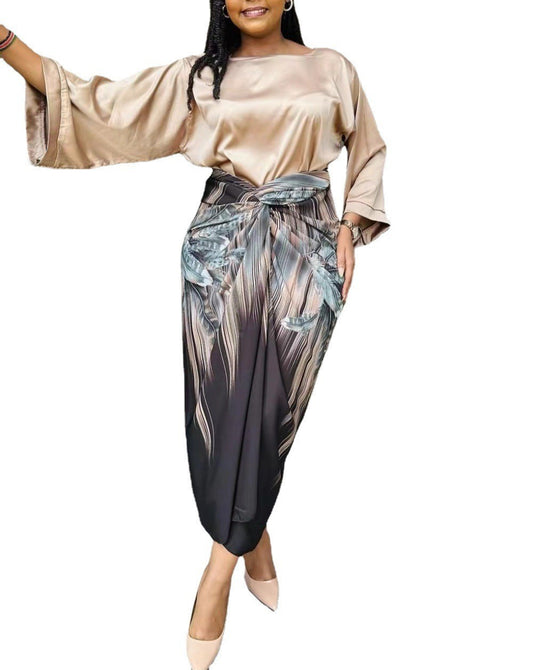 Satin 2-Tone Ruched Colorblock Floral Print Long Sleeve Maxi Dress to 3X Plus Size