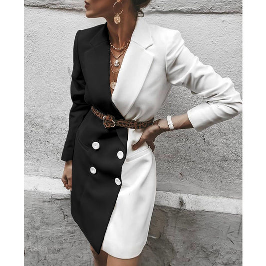 Colorblock 2-Tone Double Breasted Button Decor Long Sleeve Blazer Midi Office Dress