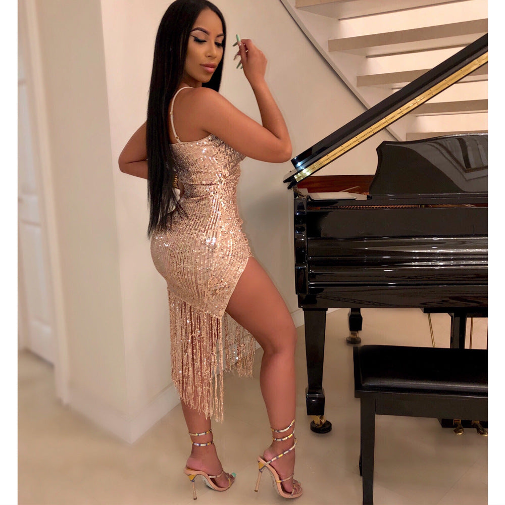 Sparkling Metallic Sequin Tassel Fringe Design V-Neck High Side Slit Formal Mini Party Dress