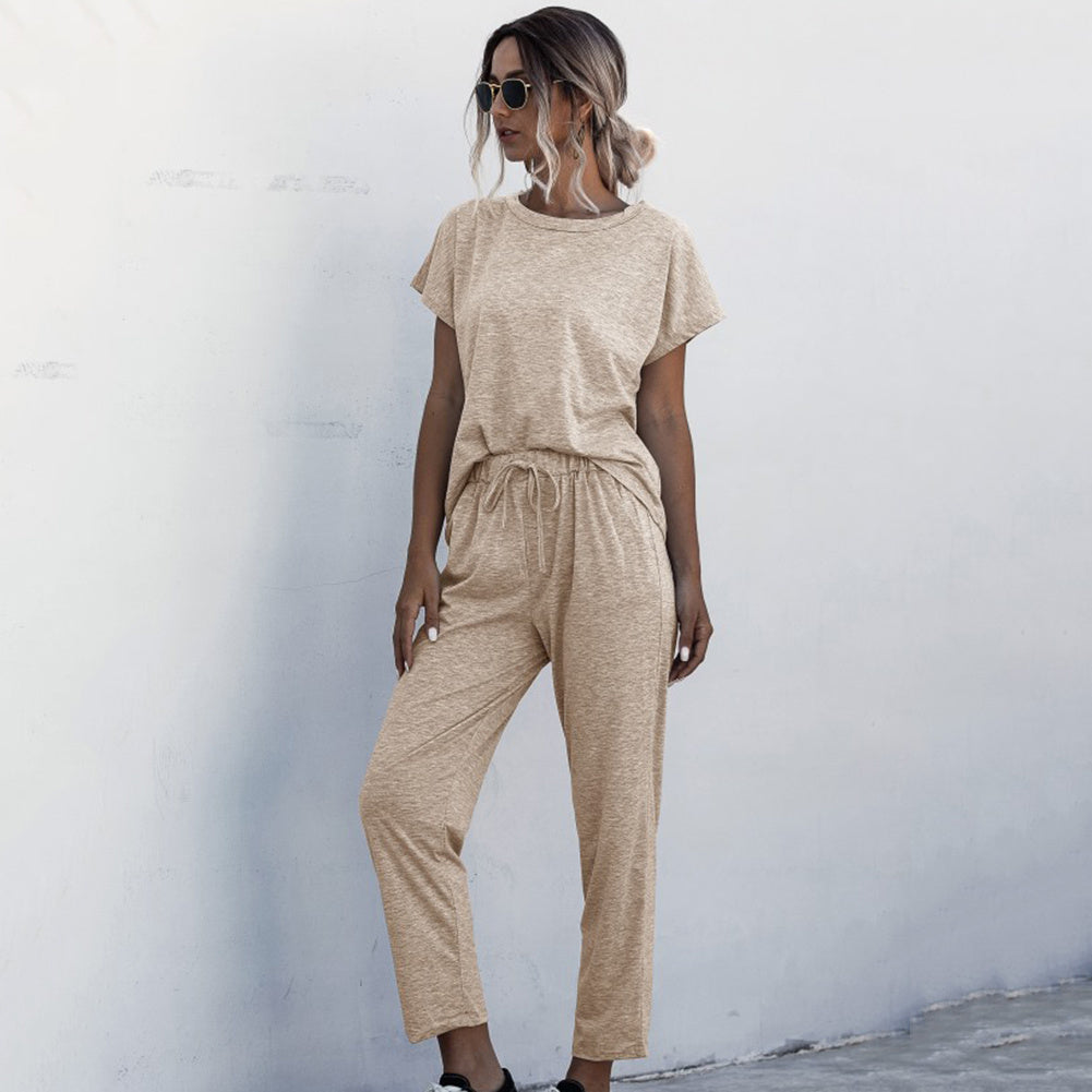 Round Neck Solid Color Short Sleeve Women's T-Shirt + Casual Pants 2-Piece Set to 3X Plus Size