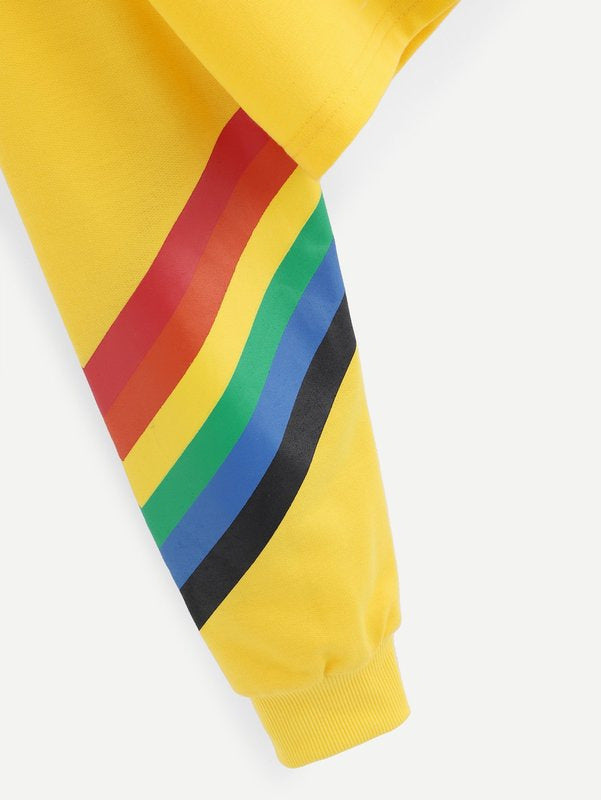 Rainbow Striped "LOVE" Heart Print Women's Cropped Long Sleeve Hoodie Sweatshirt