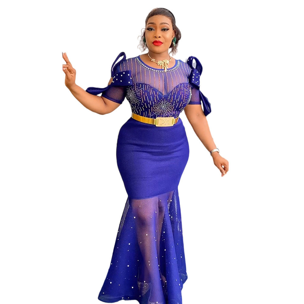 Hot Drill Diamond Beaded Embroidered  Evening Fishtail Formal Maxi Dress to 3X Plus Size