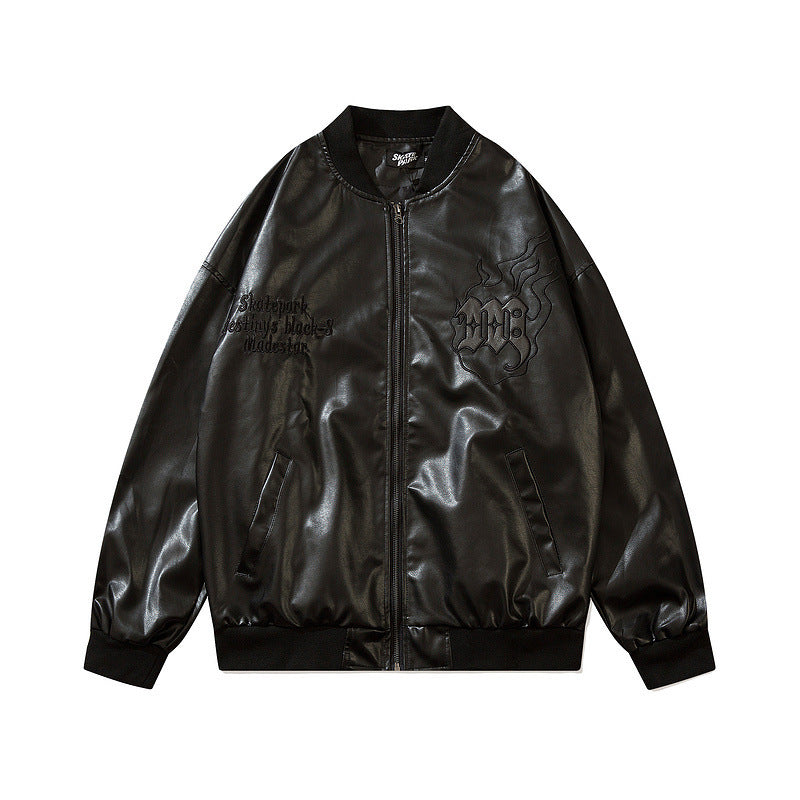 Men's PU Leather Loose Baseball Hip-Hop Turn-Down Collar Zipper Bomber Jacket