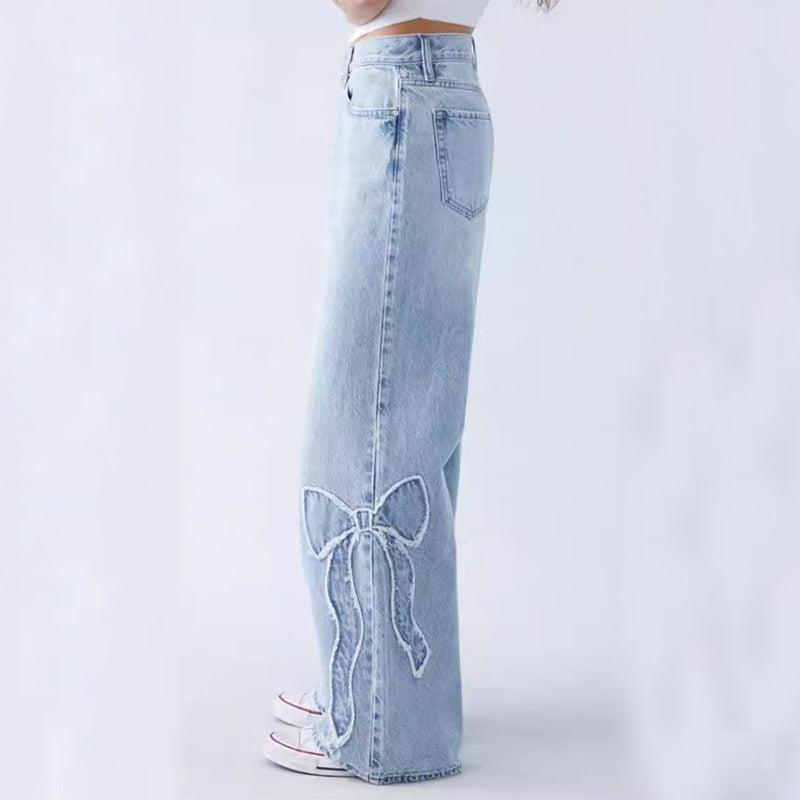 Denim Faded Butterfly Embroidered Women's Side Frayed Street Design Baggy Jeans