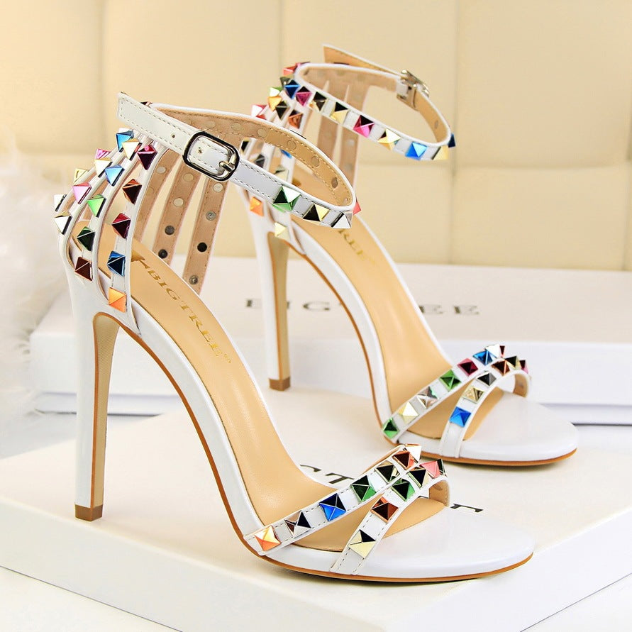 Open Toe Cut-Out Rainbow Tassel Fringe Buckle Strap Stiletto Heel Sandal Pumps