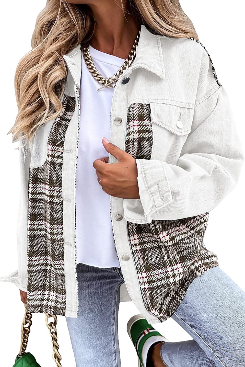 Denim Plaid Colorblock Print Long Sleeve Button-Up Women's Jean Shirt