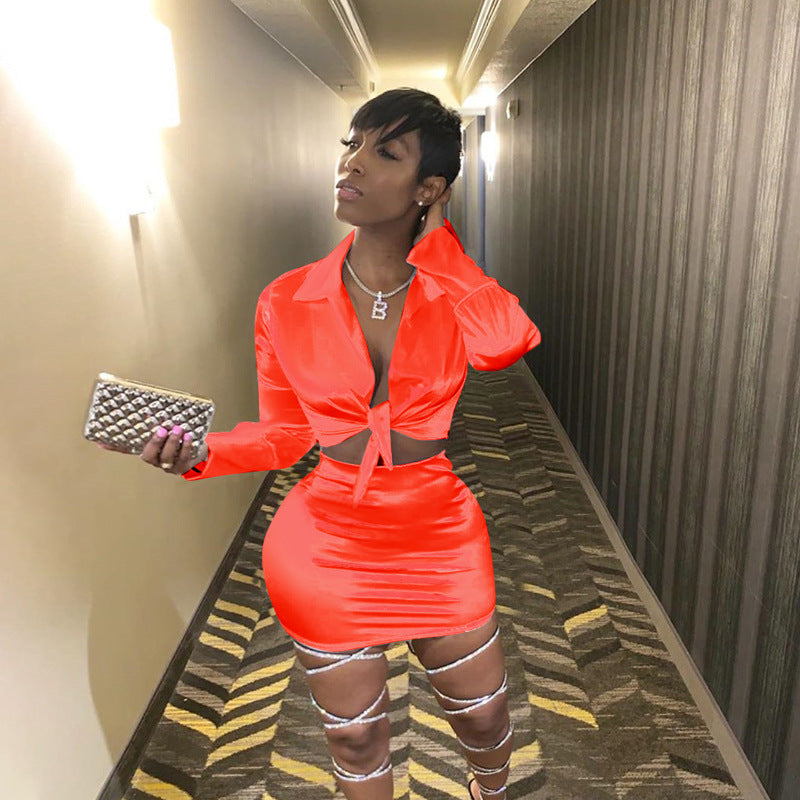 Shiny Satin Long Sleeve Lace-Up Crop Blouse + Bodycon Mini Skirt Women's Solid Color 2-Piece Set