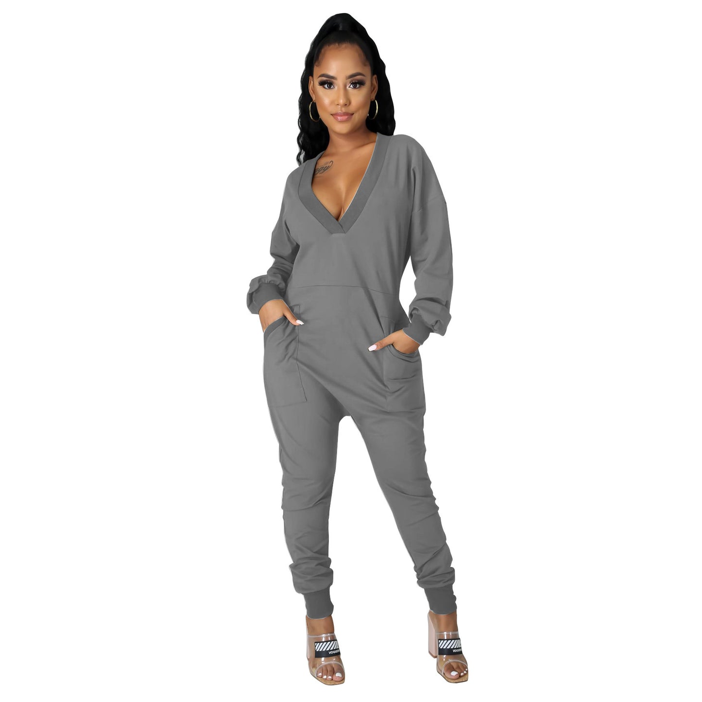 Deep V-Neck Long Sleeve Pocketed Women's Harem Pants Jumpsuit to 3X Plus Size