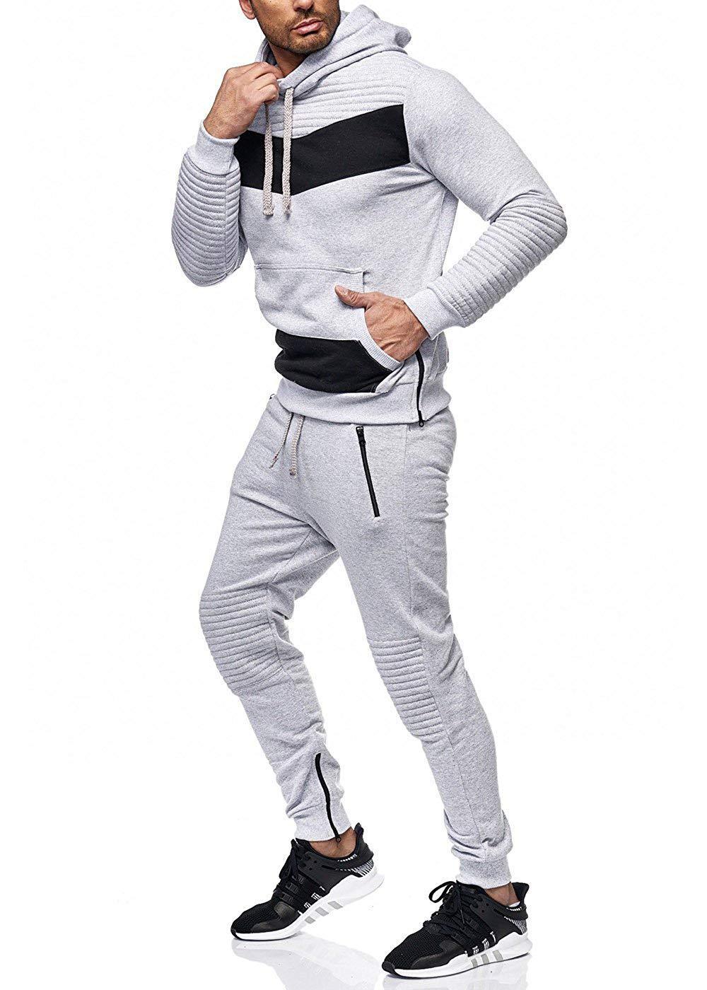 Men's Ribbed Colorblock Patchwork Hoodie Sweatshirt + Drawstring Zipper Pocket Jogger Sweatpants Tracksuit
