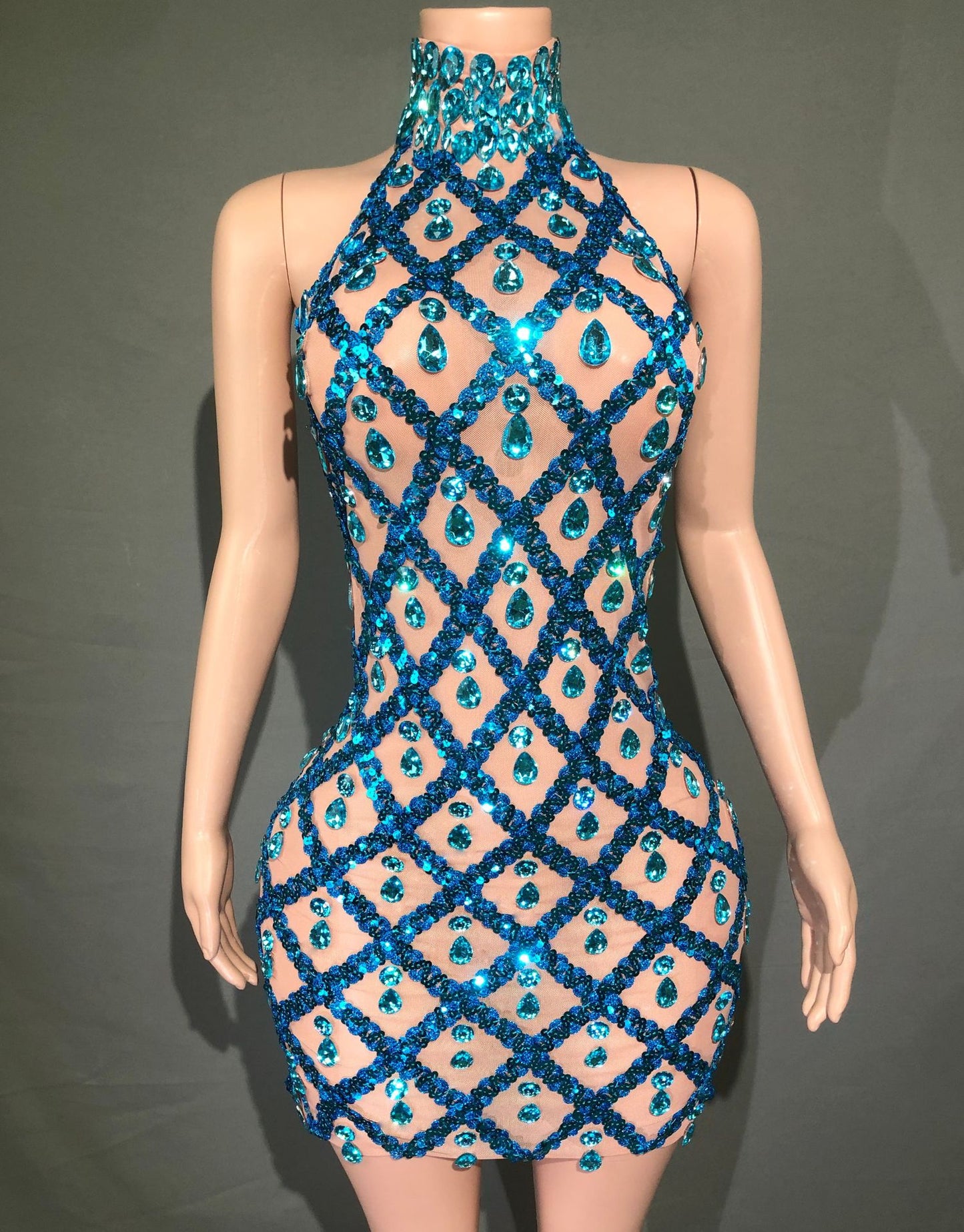Diamond Sequin Mesh Geometric Hollow-Out Design Sleeveless Mini Zipper Back Formal Mini Dress