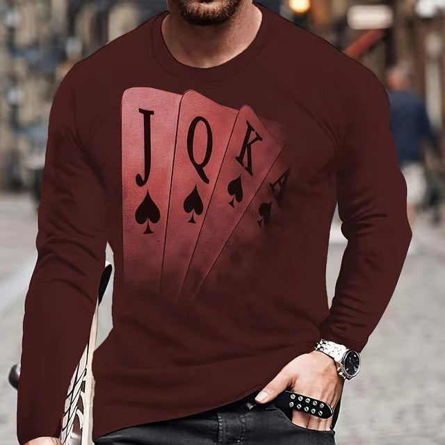 Men's Hip-Hop 3D Striped/Solid Playing Card Letter Digital Print Long Sleeve T-Shirt