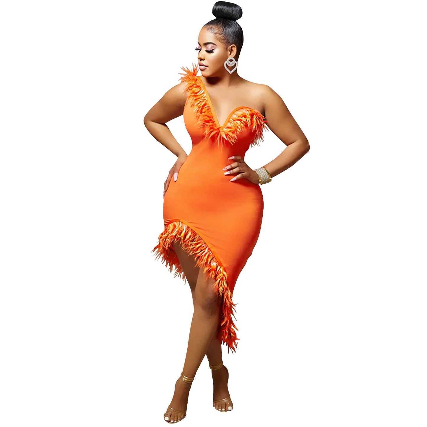 Asymmetrical One Shoulder Feather Design V-Neck Sleeveless Irregular Formal Midi Dress