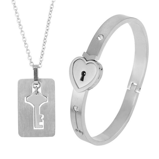 Titanium Sparkling Steel Couple Love Lock Chain Necklace + Bracelet Key Set