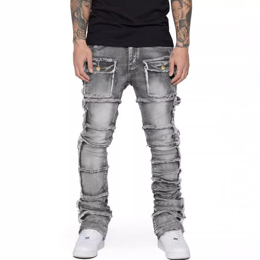 Men's Faded Denim Hip-Hop Tiered Ripped Fringe  Multi-Pocketed Skinny Cargo Jeans