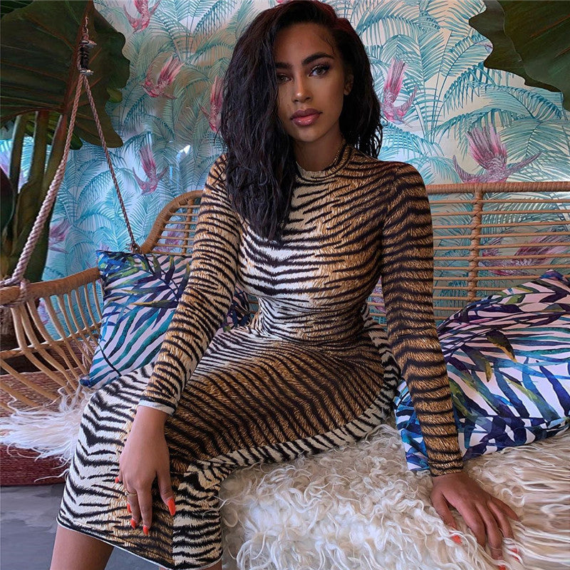 Tiger/Snake/Leopard Print Bodycon Long Sleeve Skinny Dress