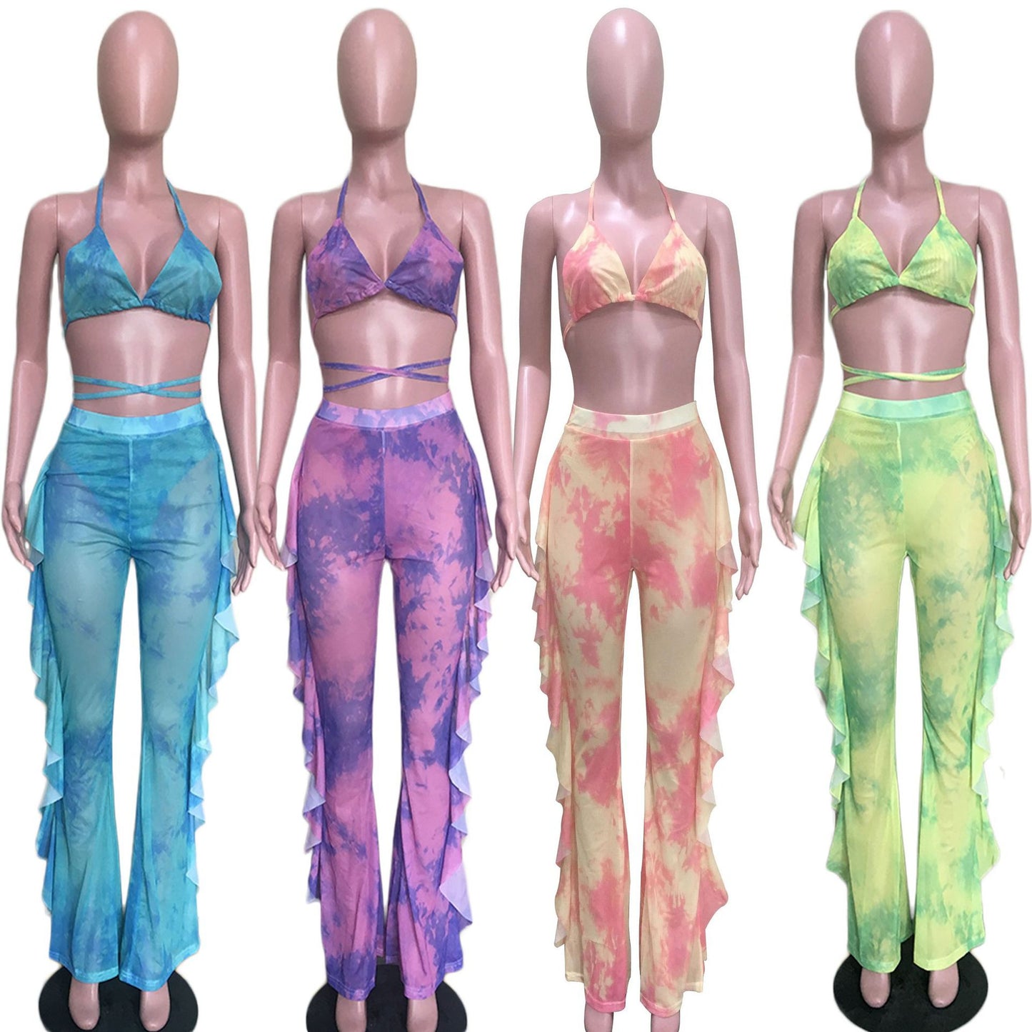 Mesh Butterfly/Tie-Dye Print Bikini Top + Tassel Fringe Design Pants Women's 2-Piece Set