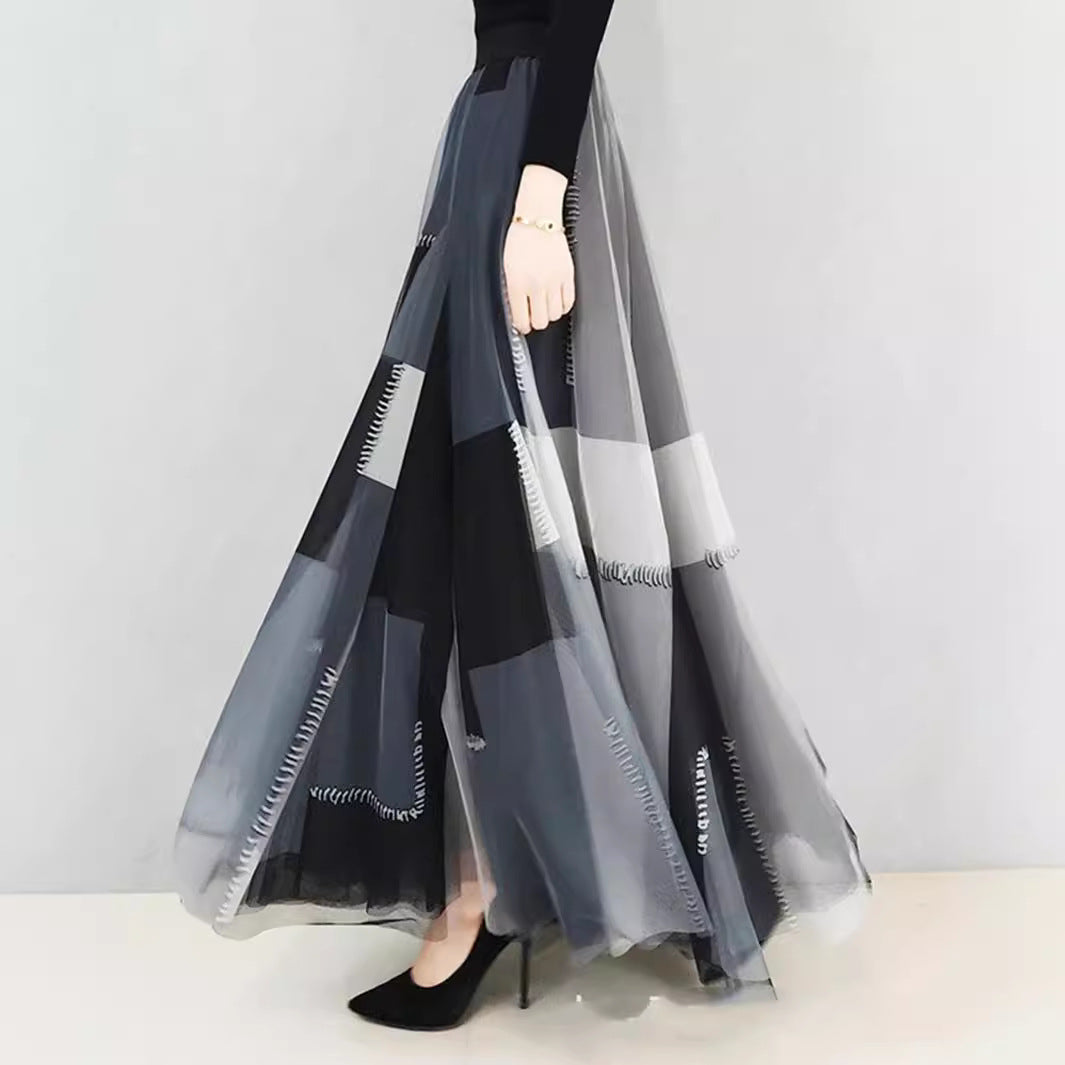 Oversized Mesh Sheer Plaid Colorblock Flared Maxi Big Swing Skirt