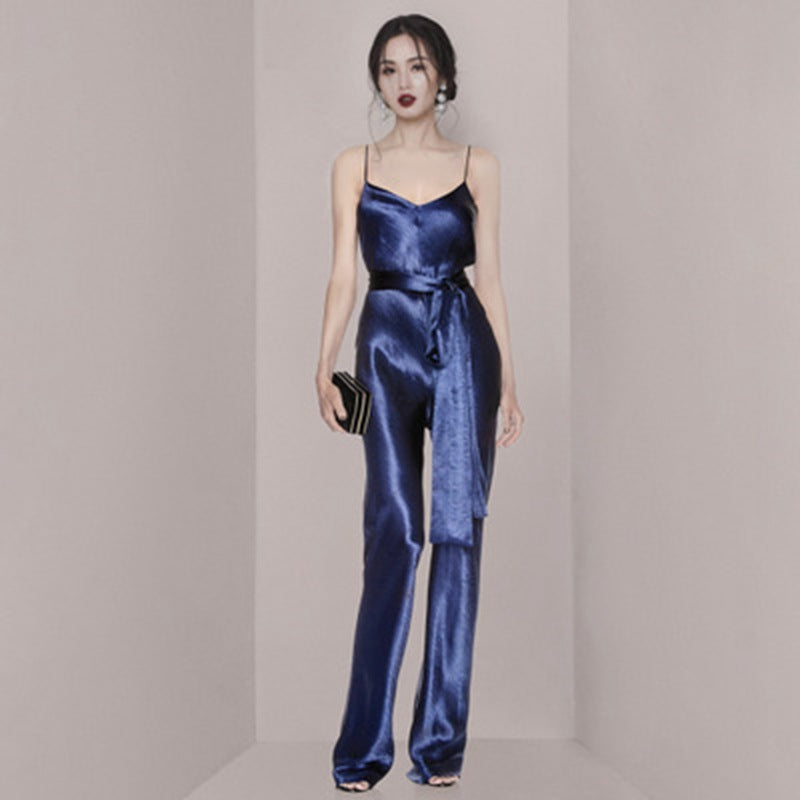 Satin Navy Blue Sleeveless Spaghetti Strap V-Neck Women's Suspender Formal Party Jumpsuit