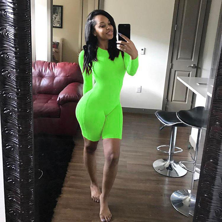 Bodycon Women's Long Sleeve Solid Color Fitness Shorts Romper