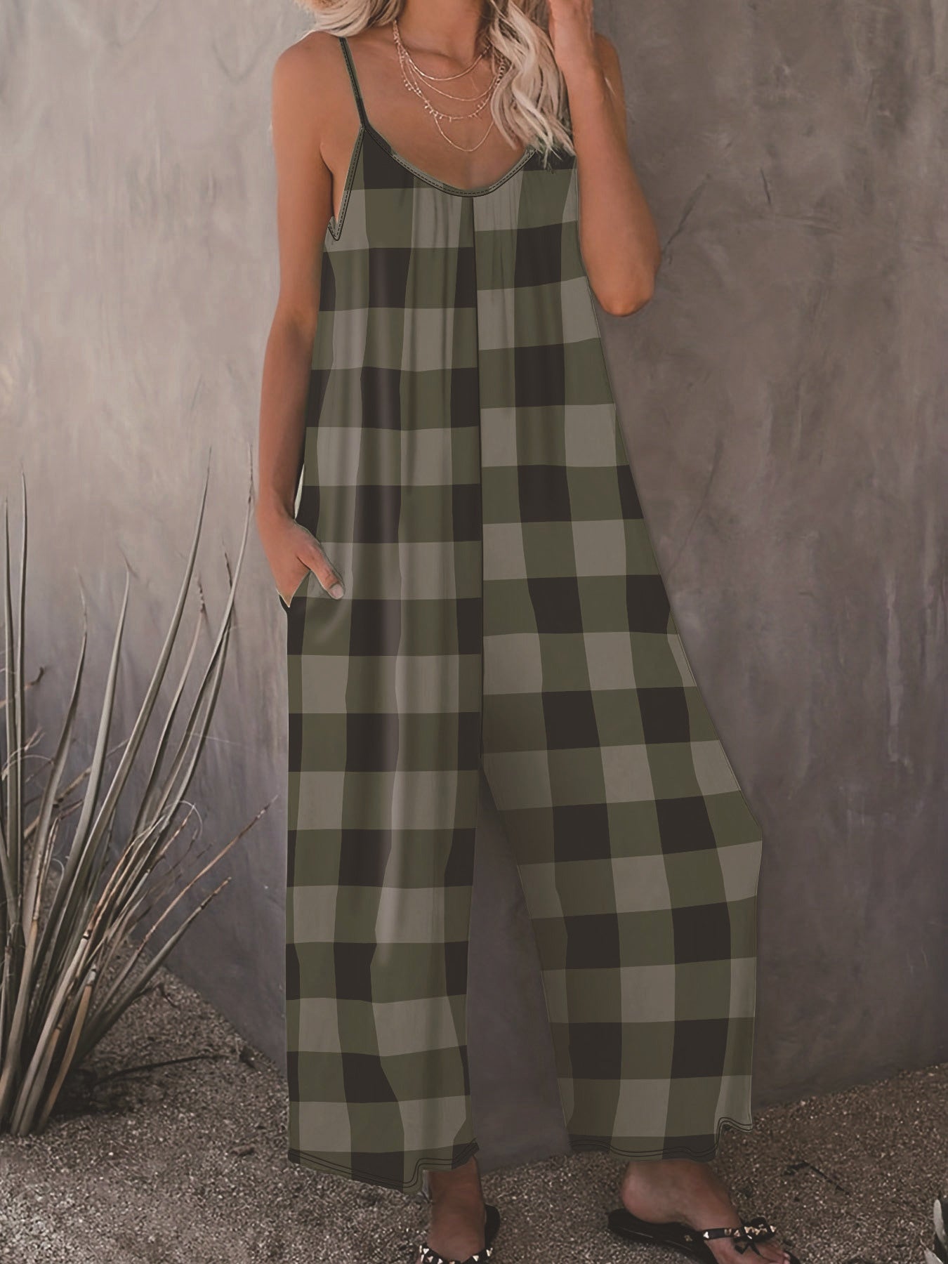 Checker Plaid Colorblock Women's Sling Spaghetti Strap Wide Leg Jumpsuit to 5X Plus Size