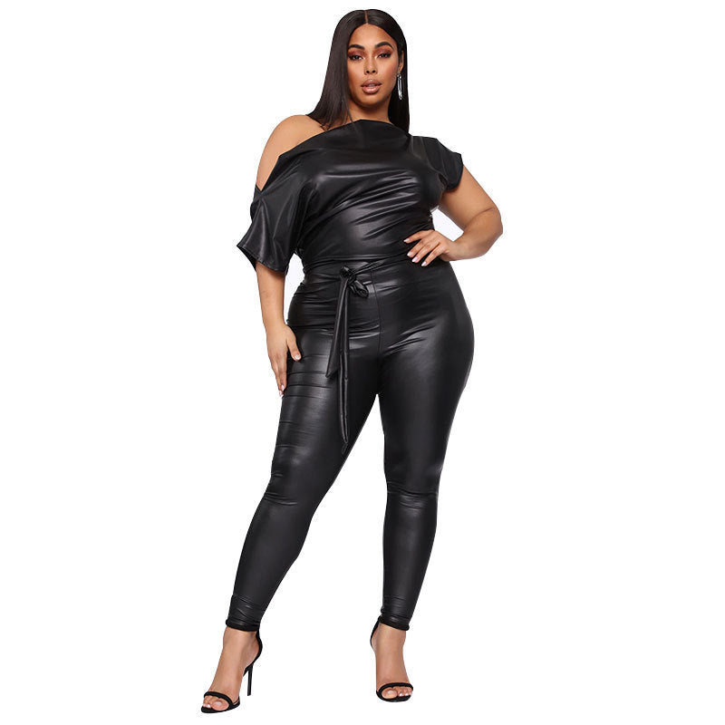 Black PU Leather Women's Off-the-Shoulder Jumpsuit