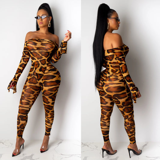 Off-the-Shoulder Leopard Print Women's Long Sleeve Top + Skinny Leggings 2-Piece Pants