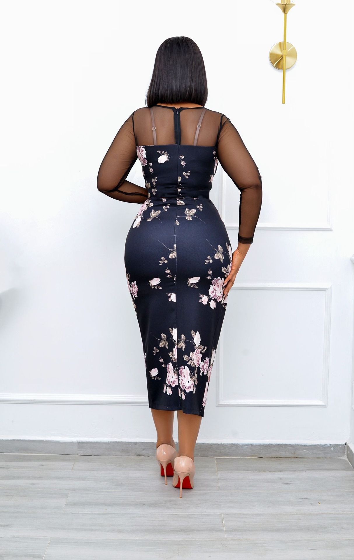 Sheer Transparent Top Design Floral/Zebra/Houndstooth Print Ruched Long Sleeve Dress