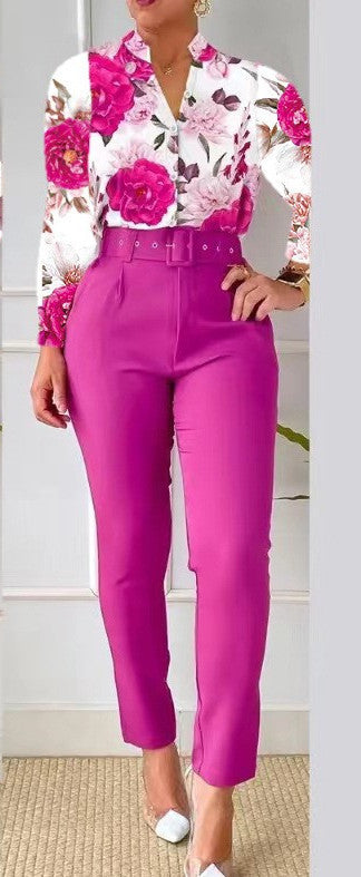 Floral/Geometric/Baroque/Colorblock Gradient Print Long Sleeve Blouse + Solid Color Pants w/ Belt 2-Piece Office Attire Set