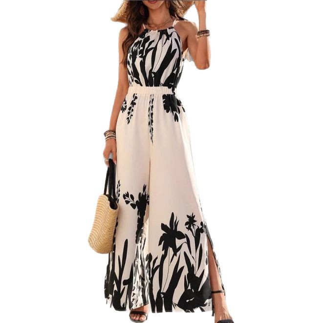 Sleeveless Black/White Floral Print Women's Spaghetti Strap Wide Leg Jumpsuit