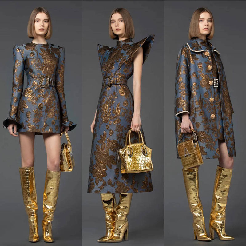 Metallic Croc Pattern Women's Solid Color Pointed Toe Square Heel Knee-High Boots