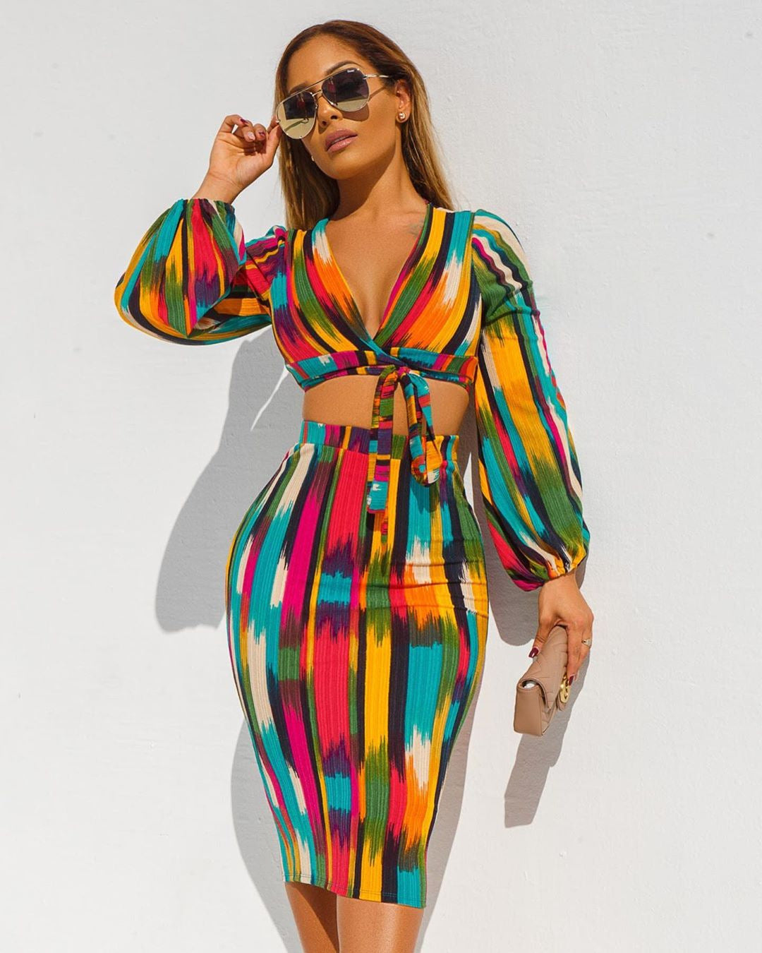 Tie-Dye Geometric Multicolored Striped Lace-Up Long Sleeve Crop Top + Midi Skirt Two-Piece Set