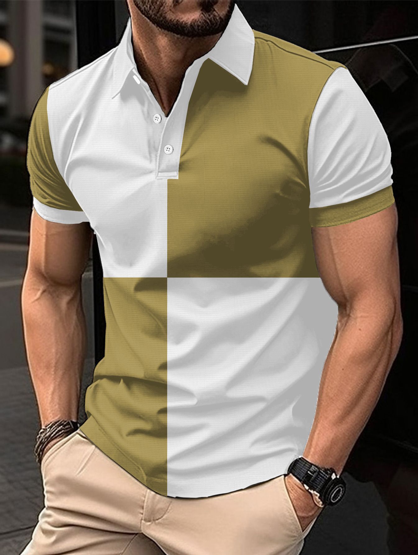 Colorblock Checker Print Turn-Down Collar Button-Up Polo Shirt