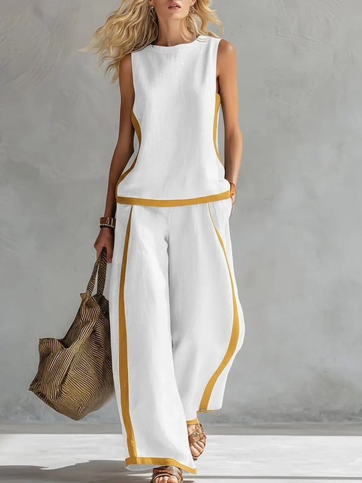 Side Striped Sleeveless Women's Top + High Waist Loose Wide Leg Pants 2-Piece Set to 3X Plus Size