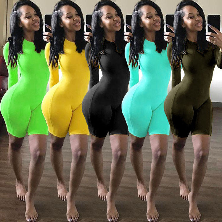 Bodycon Women's Long Sleeve Solid Color Fitness Shorts Romper