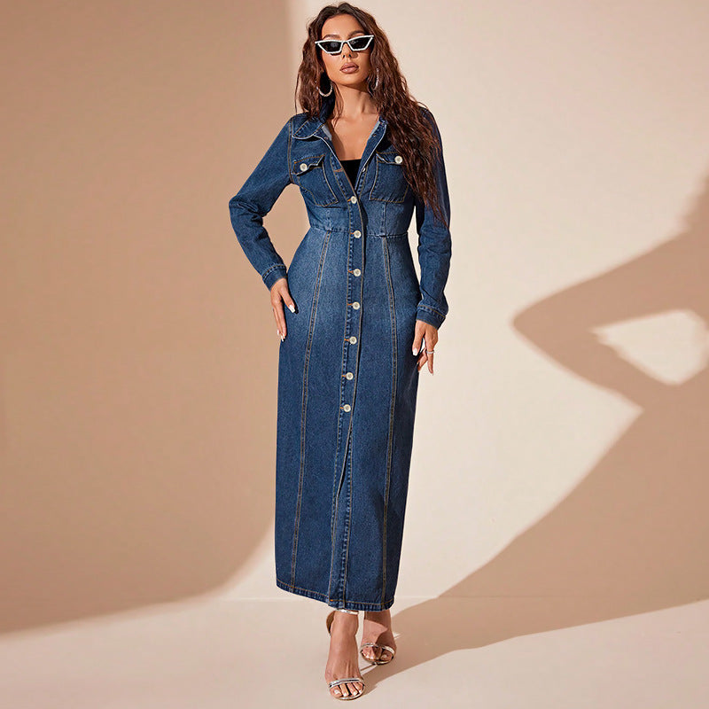 Denim Light Blue/Gradient Dark Blue Turn-Down Collar Button-Up Long Sleeve Maxi Jean Dress