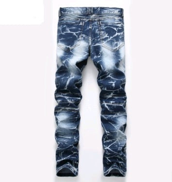Men's Denim Gradient Washed Ribbed Ruched Ripped Zipper Pocket Skinny Jeans