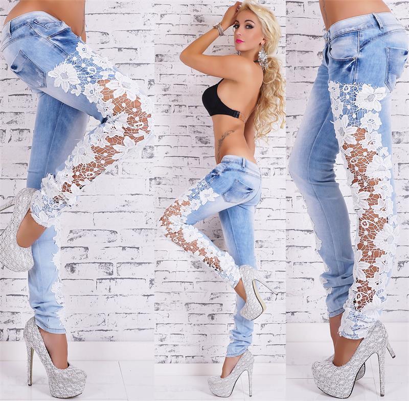 White Lace Decor Light Blue Denim Washed Women's Skinny Jeans