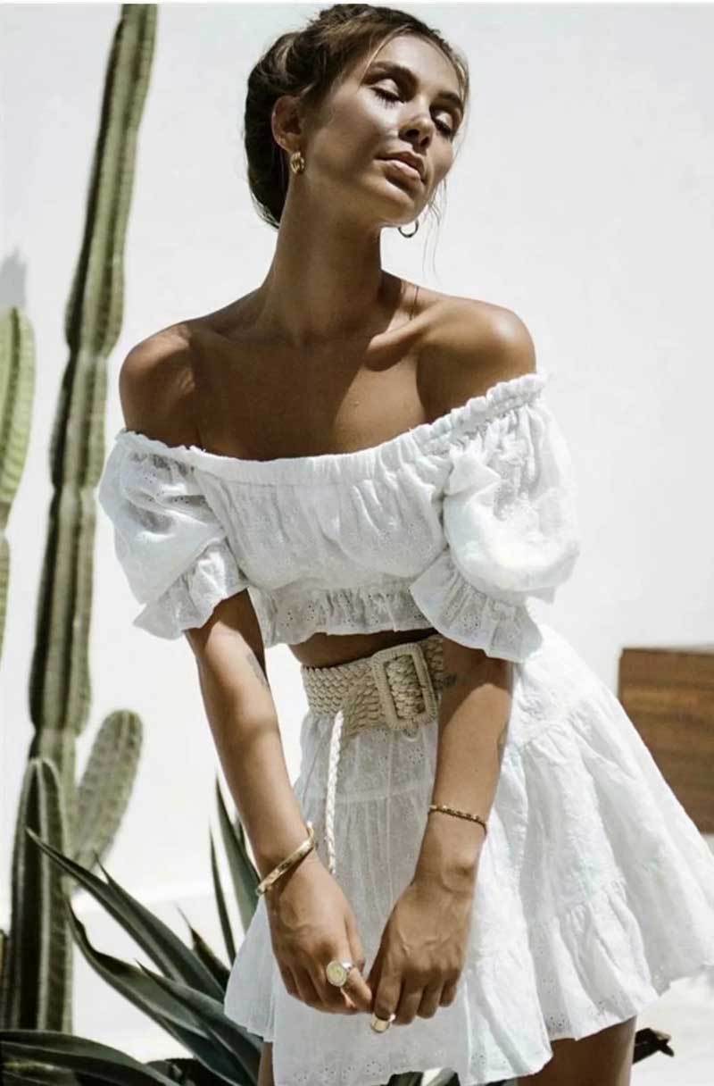 White Lace Ruffled Short Puff Sleeve Off-the-Shoulder Crop Top + Shorts Women's 2-Piece Set
