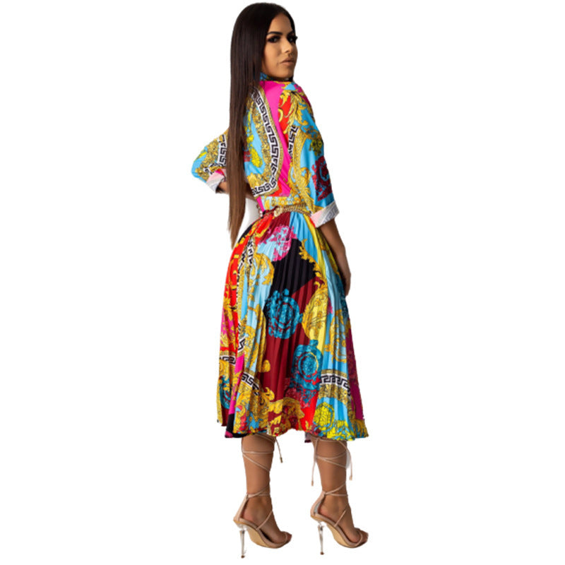 Pleated Baroque Multi-Colored Print Turn-Down Collar Long Sleeve Dress