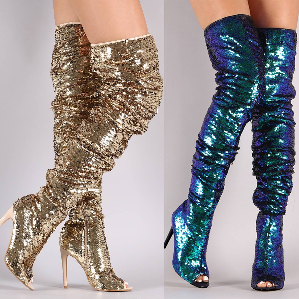 Sequin Ruched Peep Toe FishMouth Over-the-Knee High Heel Women's Boots